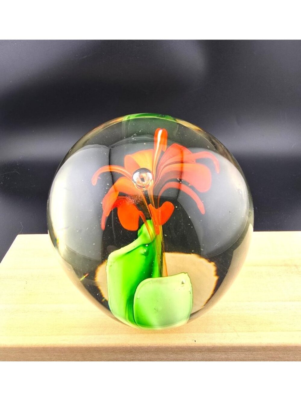 Handcrafted Clear Glass Paperweight With Orange Flower Design & Green Leaves - Picture 5 of 15